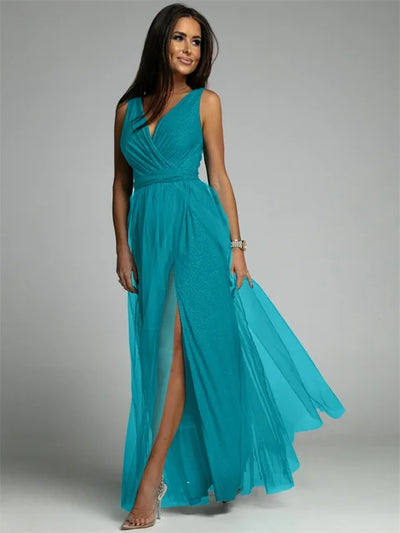 Elisa | Abendkleid mit Netzdetails und hohem Schlitz
