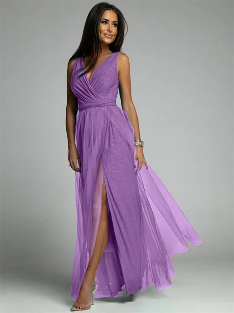 Elisa | Abendkleid mit Netzdetails und hohem Schlitz
