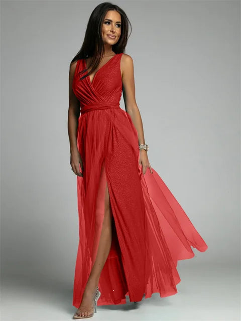Elisa | Abendkleid mit Netzdetails und hohem Schlitz