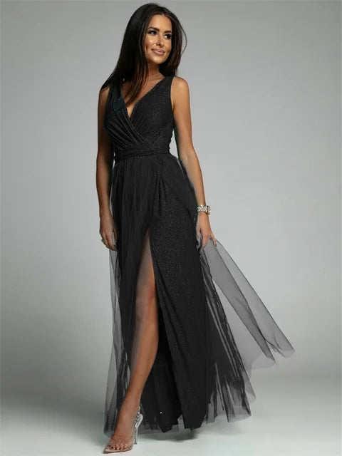 Elisa | Abendkleid mit Netzdetails und hohem Schlitz