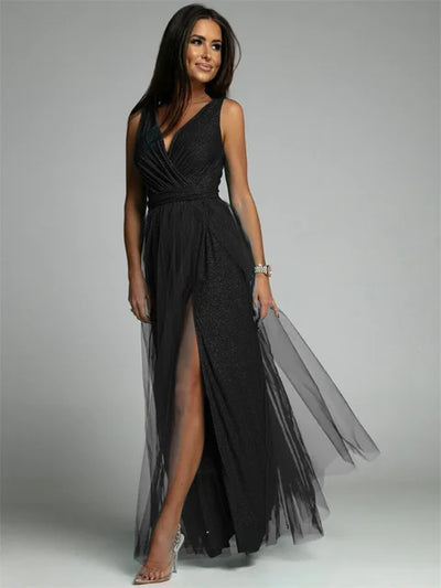 Elisa | Abendkleid mit Netzdetails und hohem Schlitz