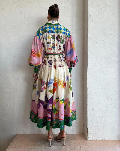 Matilda - Langes Kleid mit Vintage-Print und Polokragen für Damen