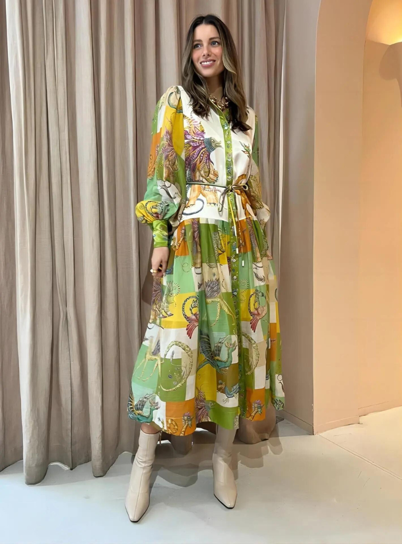 Matilda - Langes Kleid mit Vintage-Print und Polokragen für Damen