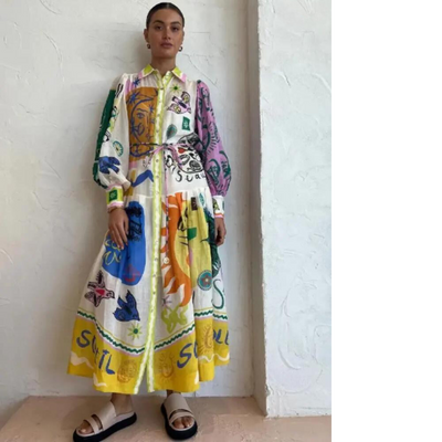 Matilda - Langes Kleid mit Vintage-Print und Polokragen für Damen