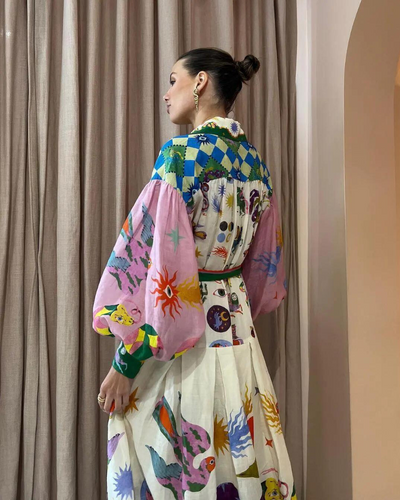 Matilda - Langes Kleid mit Vintage-Print und Polokragen für Damen