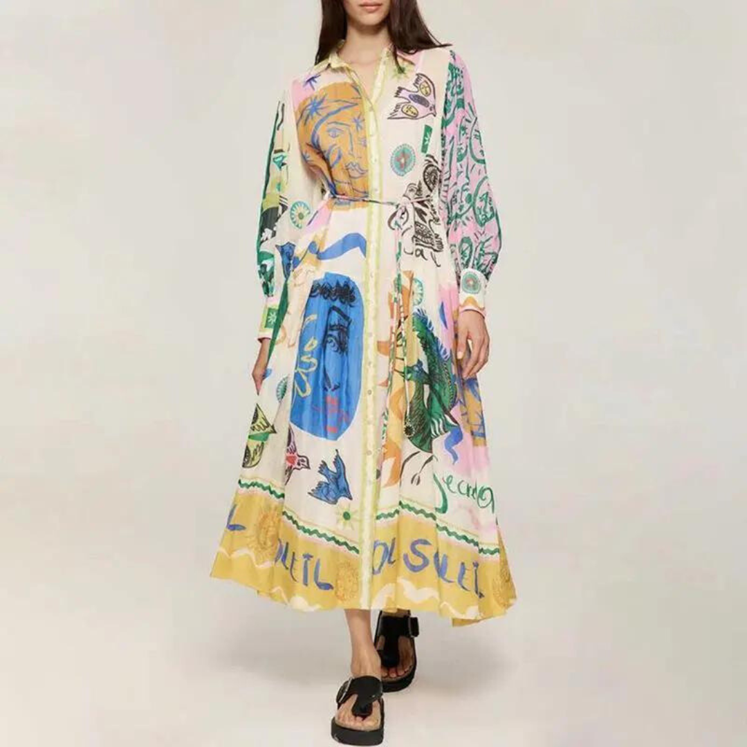 Matilda - Langes Kleid mit Vintage-Print und Polokragen für Damen