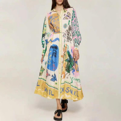 Matilda - Langes Kleid mit Vintage-Print und Polokragen für Damen