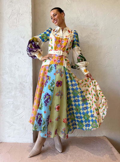 Matilda - Langes Kleid mit Vintage-Print und Polokragen für Damen