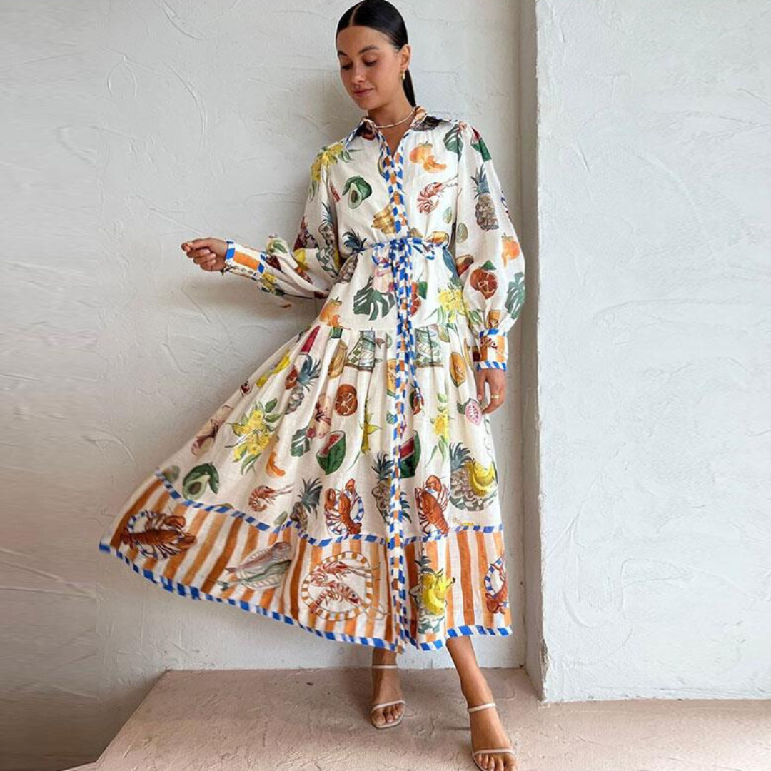 Matilda - Μακρύ φόρεμα με vintage σχέδιο και γιακά πόλο για γυναίκες