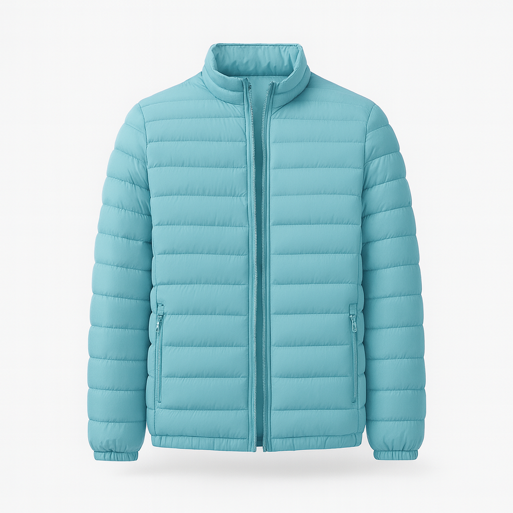 Stylish luxury down jacket red sky blue