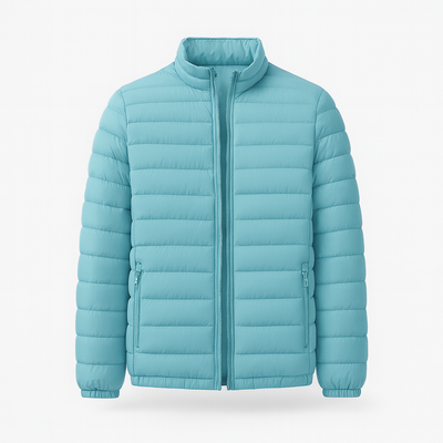 Stylish luxury down jacket red sky blue