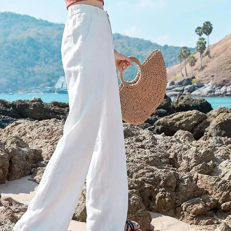 Damenhose - Leinen Look - Hohe Taille - Weites Bein - Sommer Style