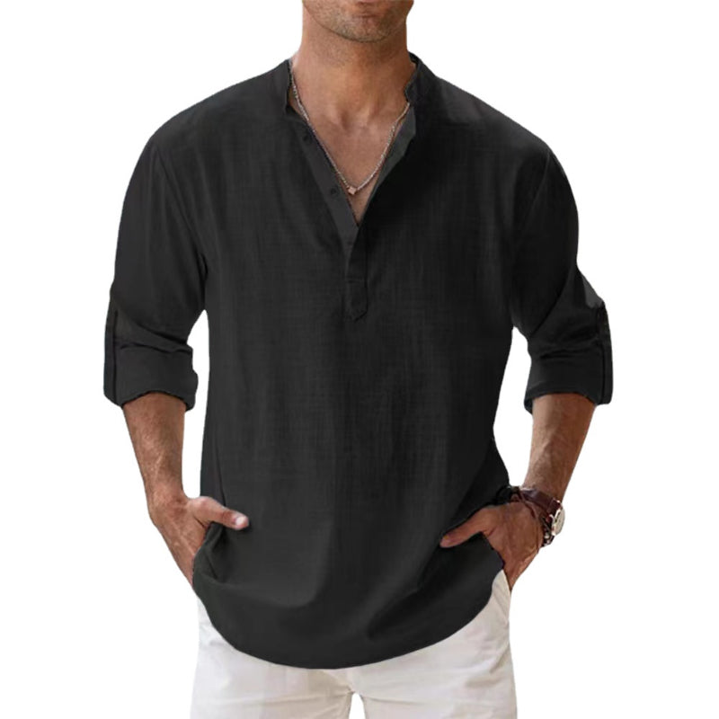 Camicia da uomo in lino con colletto Henley