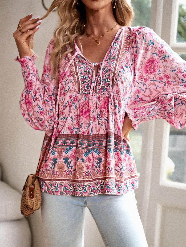 Boho Tunika Damen Blumenmuster V-Ausschnitt lange Ärmel Bindung