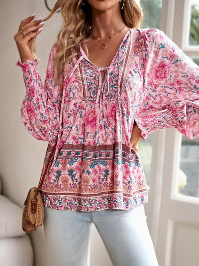 Boho Tunika Damen Blumenmuster V-Ausschnitt lange Ärmel Bindung