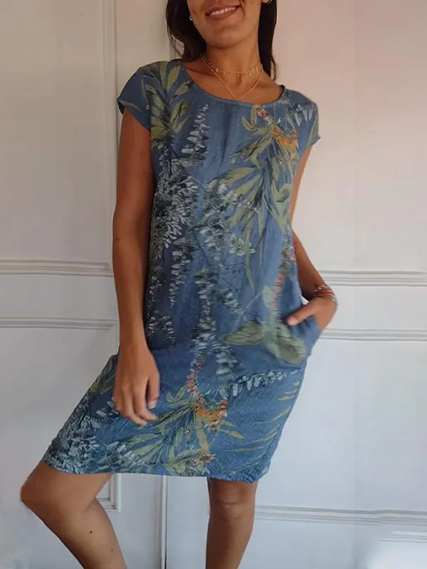 Elisabeth - Kleid aus Baumwolle und Leinen mit Rundhalsausschnitt für Frauen