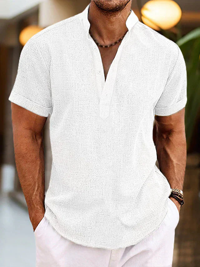 Camisa de lino Silas para hombre - Camisa de verano transpirable con cuello henley y mangas cortas