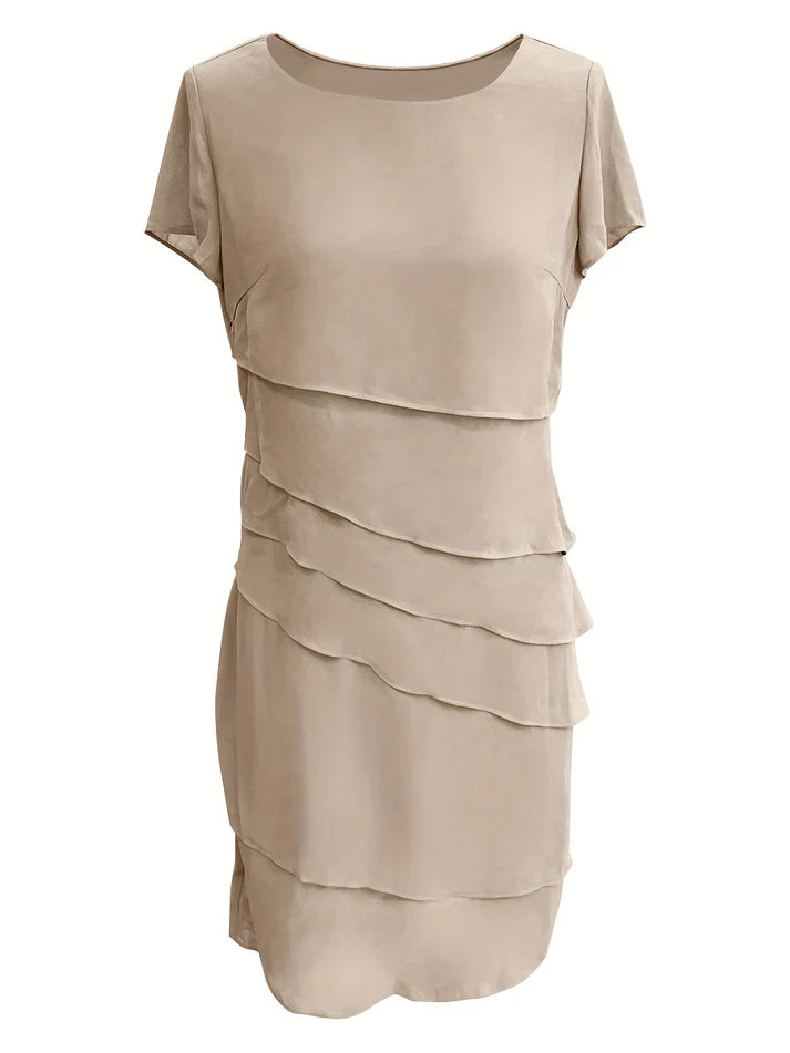 Elegante vestido formal de manga corta con cuello redondo y ribete de una sola capa de un solo color para mujer | Para ocasiones formales