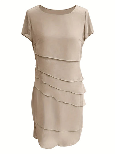 Elegante vestido formal de manga corta con cuello redondo y ribete de una sola capa de un solo color para mujer | Para ocasiones formales