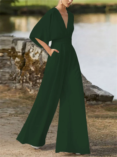 Eleganter Jumpsuit mit V-Ausschnitt und weitem Bein und Fledermausärmeln für Damen | Ideal für den Winter