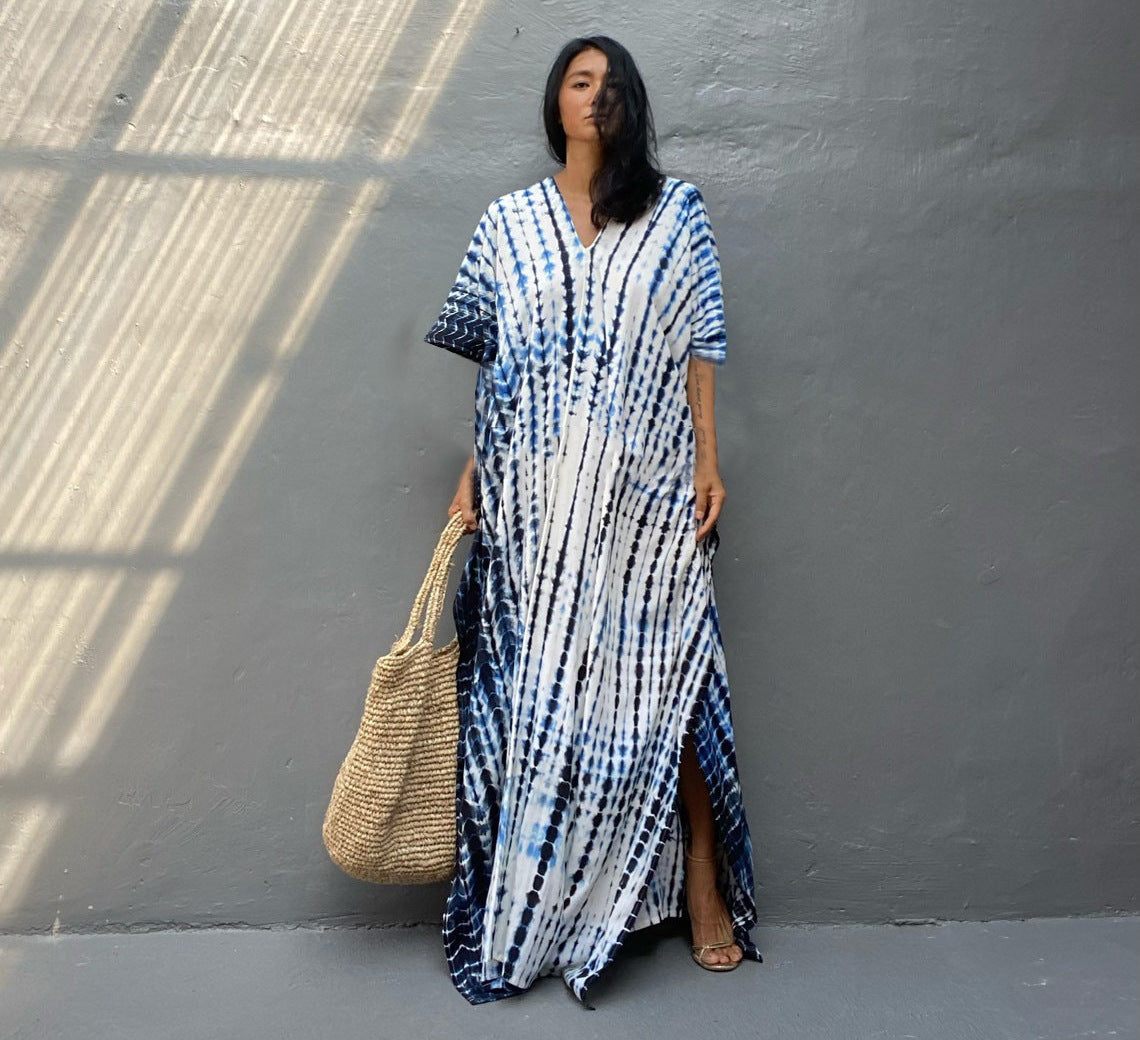 Kaftan-Kleid für Frauen - Lose Passform - V-Ausschnitt Tie-Dye Bohemian Style