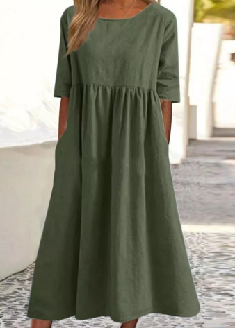 Elegante vestito in cotone e lino con tasche pratiche