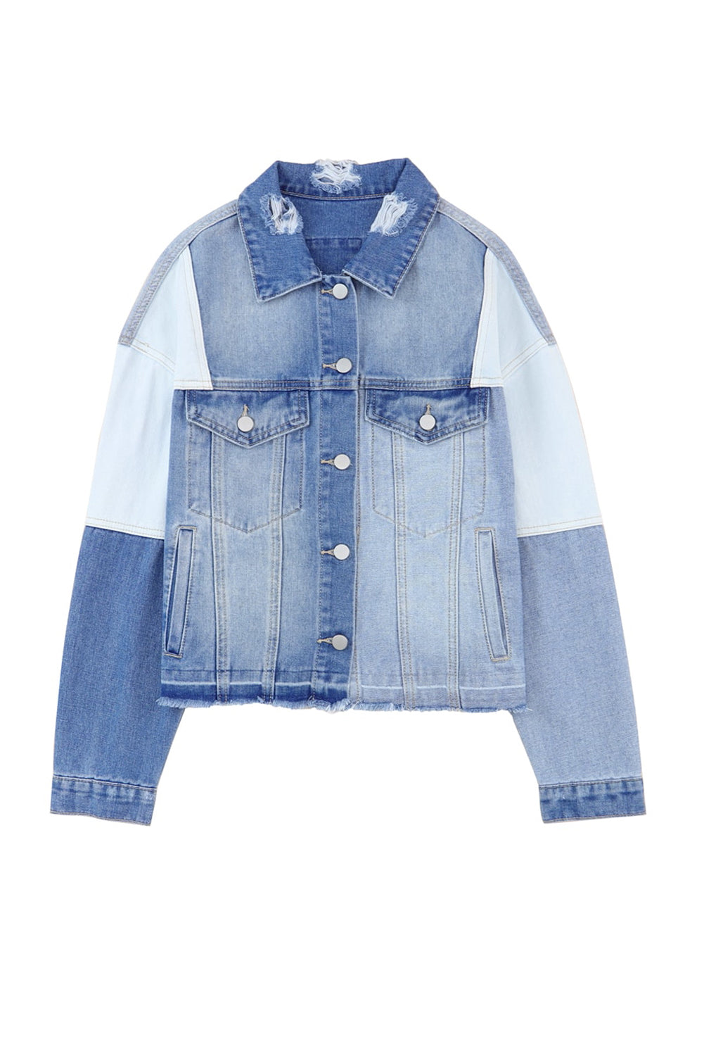 Stylische Jeansjacke mit Patchwork und ausgefranstem Saum - Damen