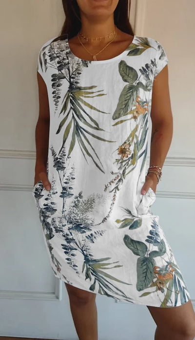 Elisabeth - Kleid aus Baumwolle und Leinen mit Rundhalsausschnitt für Frauen