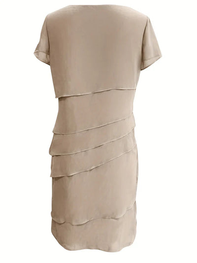 Elegante vestido formal de manga corta con cuello redondo y ribete de una sola capa de un solo color para mujer | Para ocasiones formales