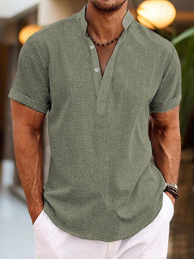 Silas Leinenhemd für Herren - Atmungsaktives Sommerhemd mit Henley-Kragen und kurzen Ärmeln