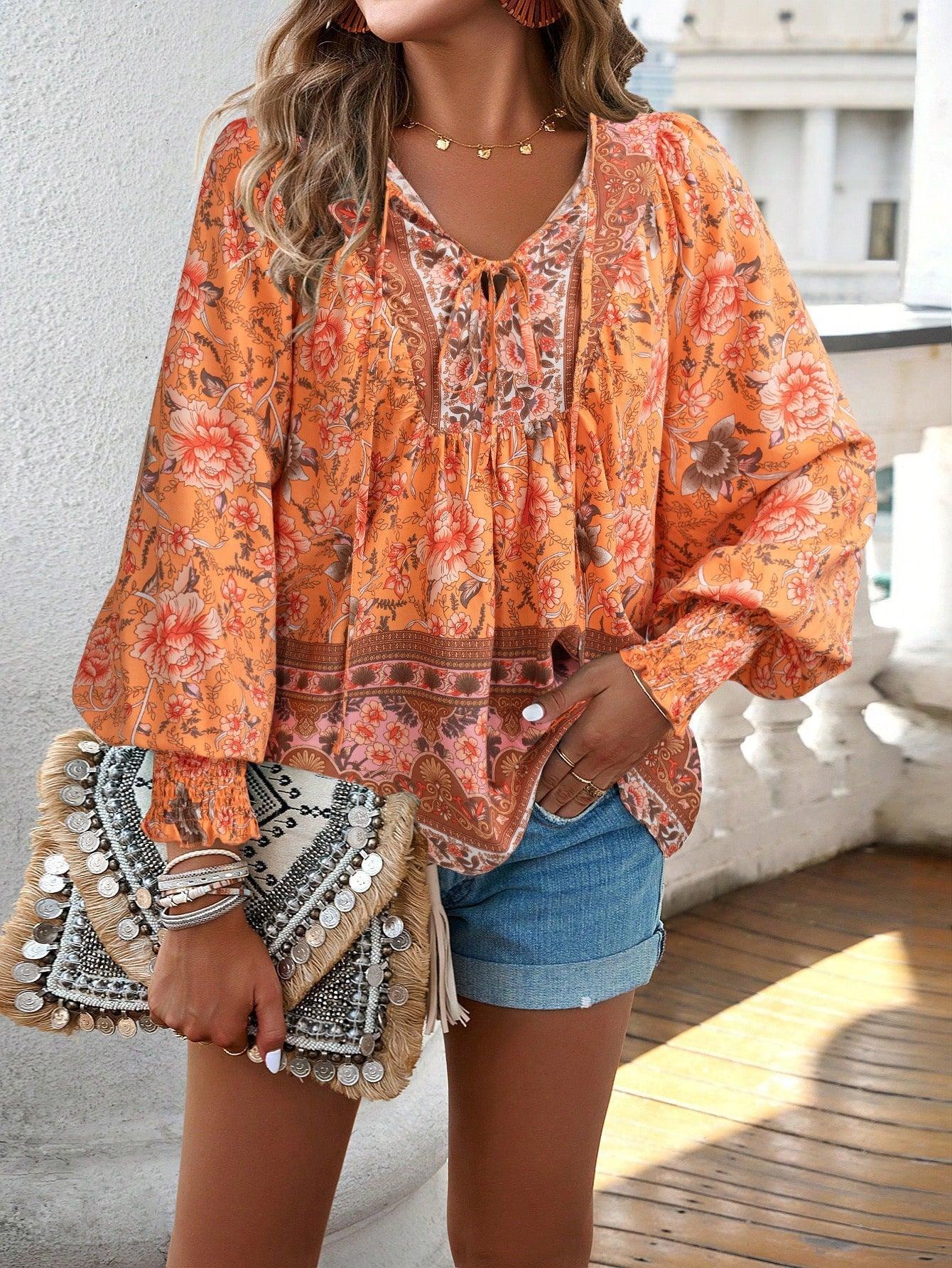 Boho Tunika Damen Blumenmuster V-Ausschnitt lange Ärmel Bindung