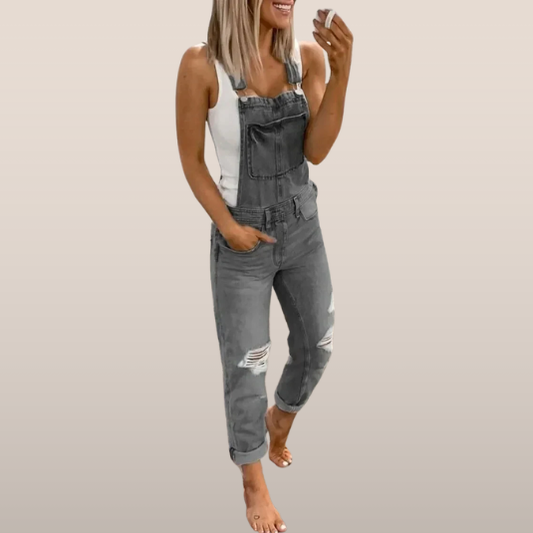 Dámske nohavice - Ležérny denimový overal s trhlinami a nastaviteľnými ramienkami