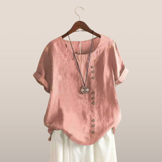 Linen blouse for women - Asymmetric button closure - Short sleeves
