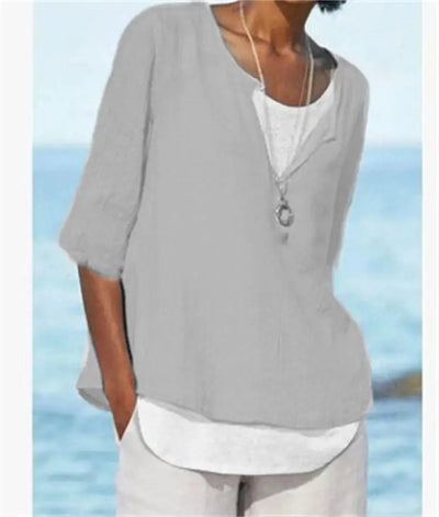 Elegante weiße Damenbluse mit O-Ausschnitt aus Leinen - Tamera