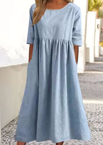 Elegante vestito in cotone e lino con tasche pratiche