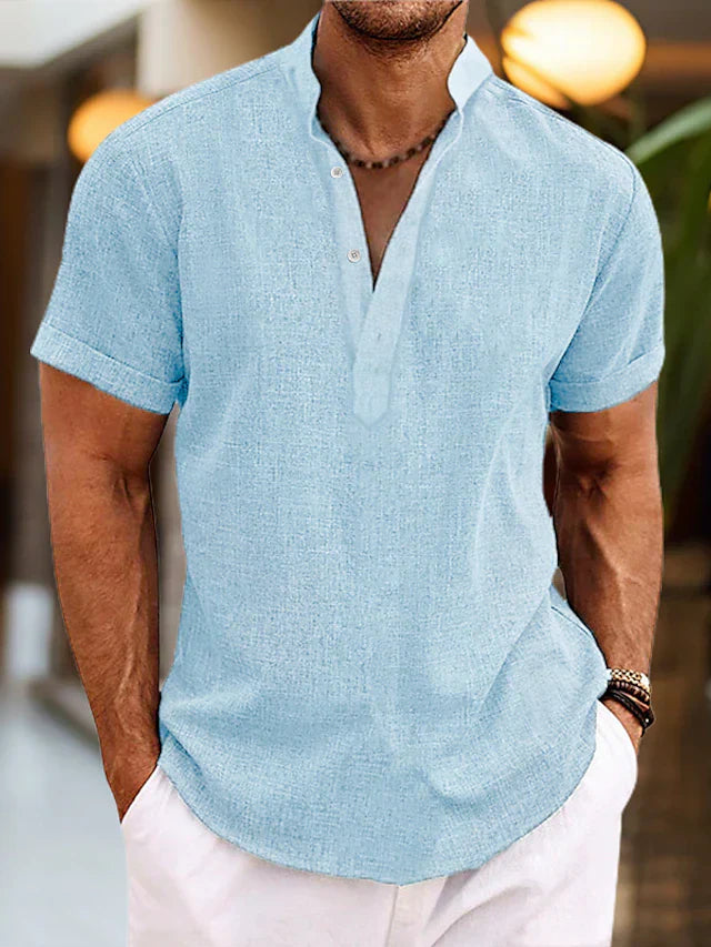 Camisa de lino Silas para hombre - Camisa de verano transpirable con cuello henley y mangas cortas
