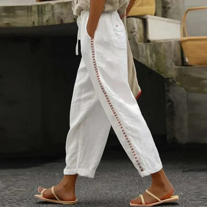 Elena - Leinenhose mit Stickerei und Gummizug am Bund