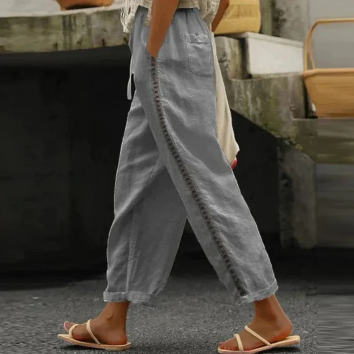 Elena - Leinenhose mit Stickerei und Gummizug am Bund