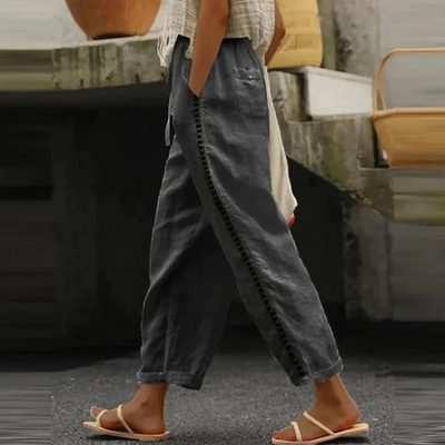 Elena - Leinenhose mit Stickerei und Gummizug am Bund