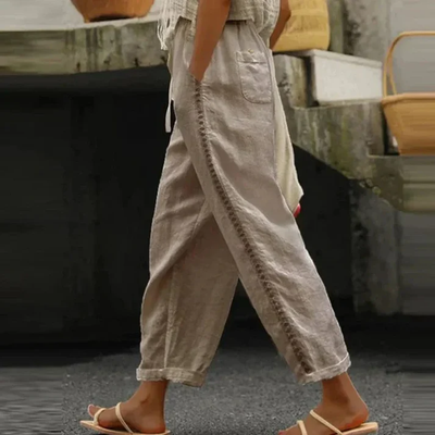 Elena - Leinenhose mit Stickerei und Gummizug am Bund