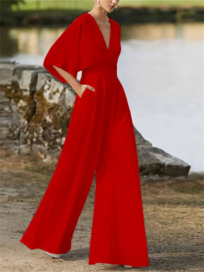Eleganter Jumpsuit mit V-Ausschnitt und weitem Bein und Fledermausärmeln für Damen | Ideal für den Winter