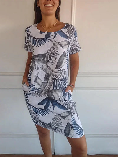 Elisabeth - Kleid aus Baumwolle und Leinen mit Rundhalsausschnitt für Frauen