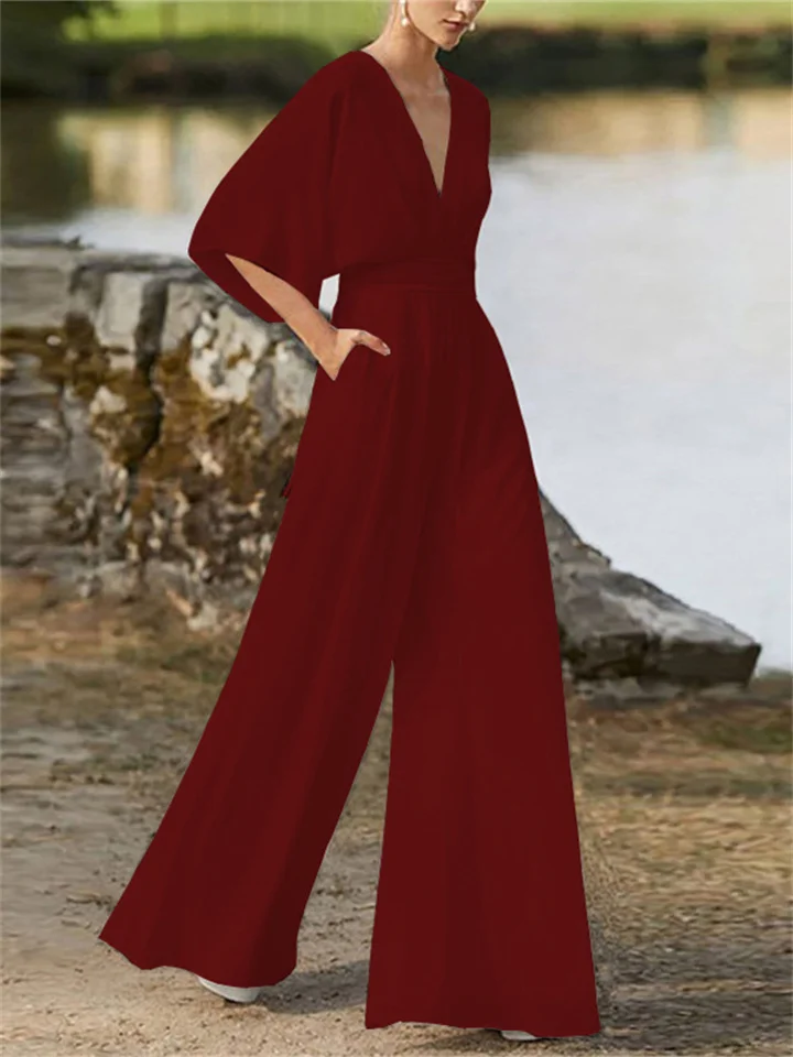 Eleganter Jumpsuit mit V-Ausschnitt und weitem Bein und Fledermausärmeln für Damen | Ideal für den Winter