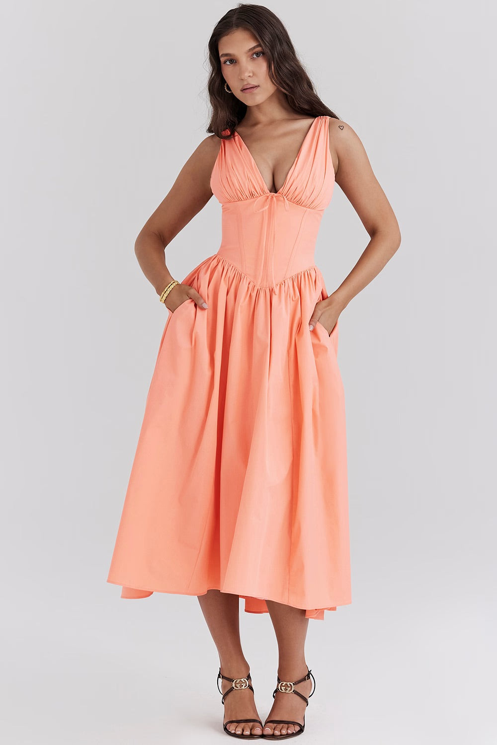 Damen Midi-Kleid | Boho Floral & V-Ausschnitt | Ärmellos A-Linie | Sommer & Hochzeit