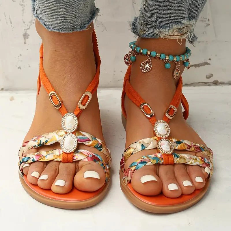 Damen Sandalen | Boho Sommer Stil | Weiche Sohle & Niedriger Keilabsatz | Florales Design