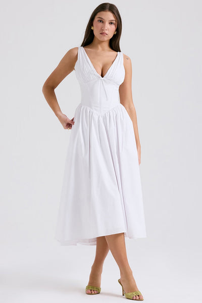 Damen Midi-Kleid | Boho Floral & V-Ausschnitt | Ärmellos A-Linie | Sommer & Hochzeit