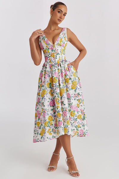 Damen Midi-Kleid | Boho Floral & V-Ausschnitt | Ärmellos A-Linie | Sommer & Hochzeit