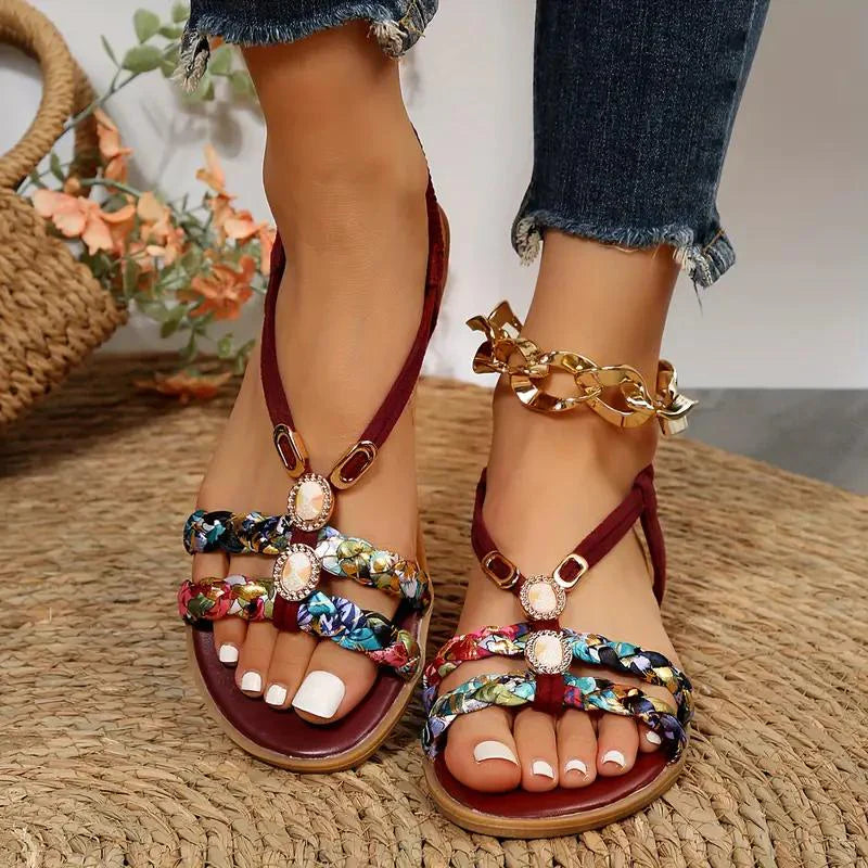Damen Sandalen | Boho Sommer Stil | Weiche Sohle & Niedriger Keilabsatz | Florales Design