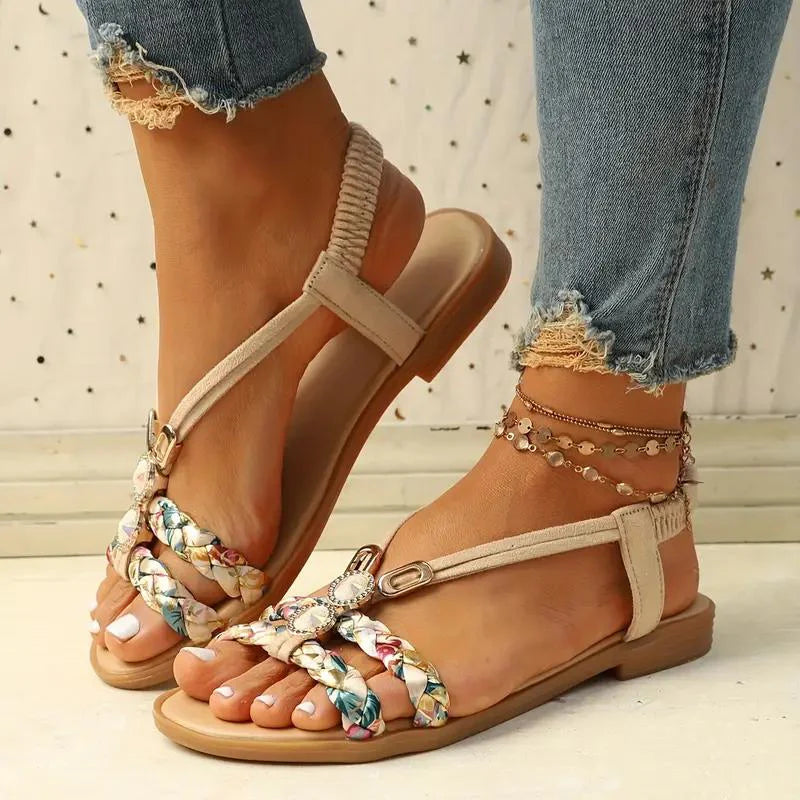 Damen Sandalen | Boho Sommer Stil | Weiche Sohle & Niedriger Keilabsatz | Florales Design