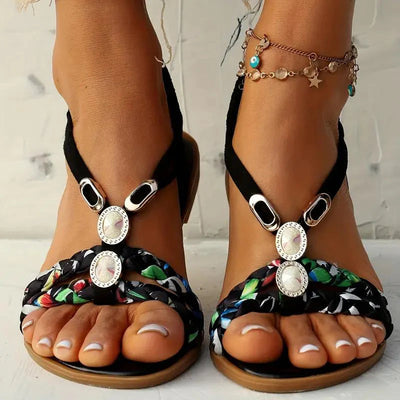 Damen Sandalen | Boho Sommer Stil | Weiche Sohle & Niedriger Keilabsatz | Florales Design
